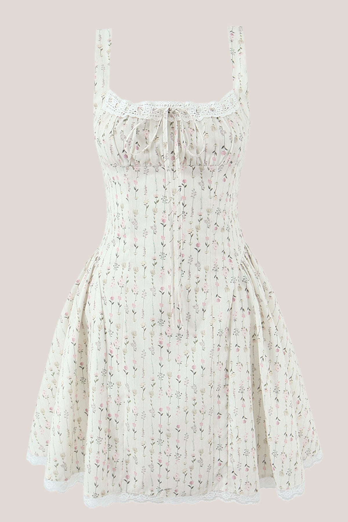 White Classic Rose Printed Lace Cotton Mini Dress