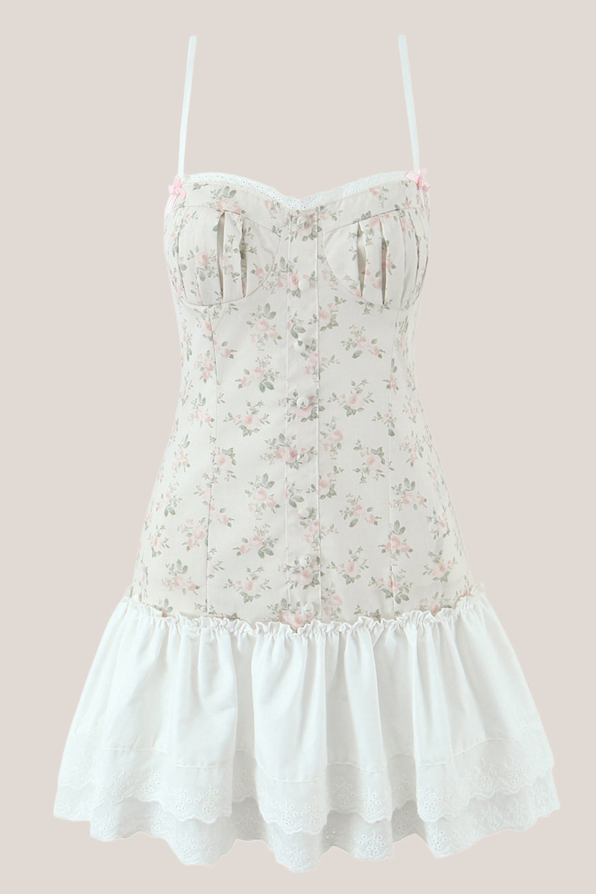 White Warm Rose Print Cotton Ruffled Mini Dress