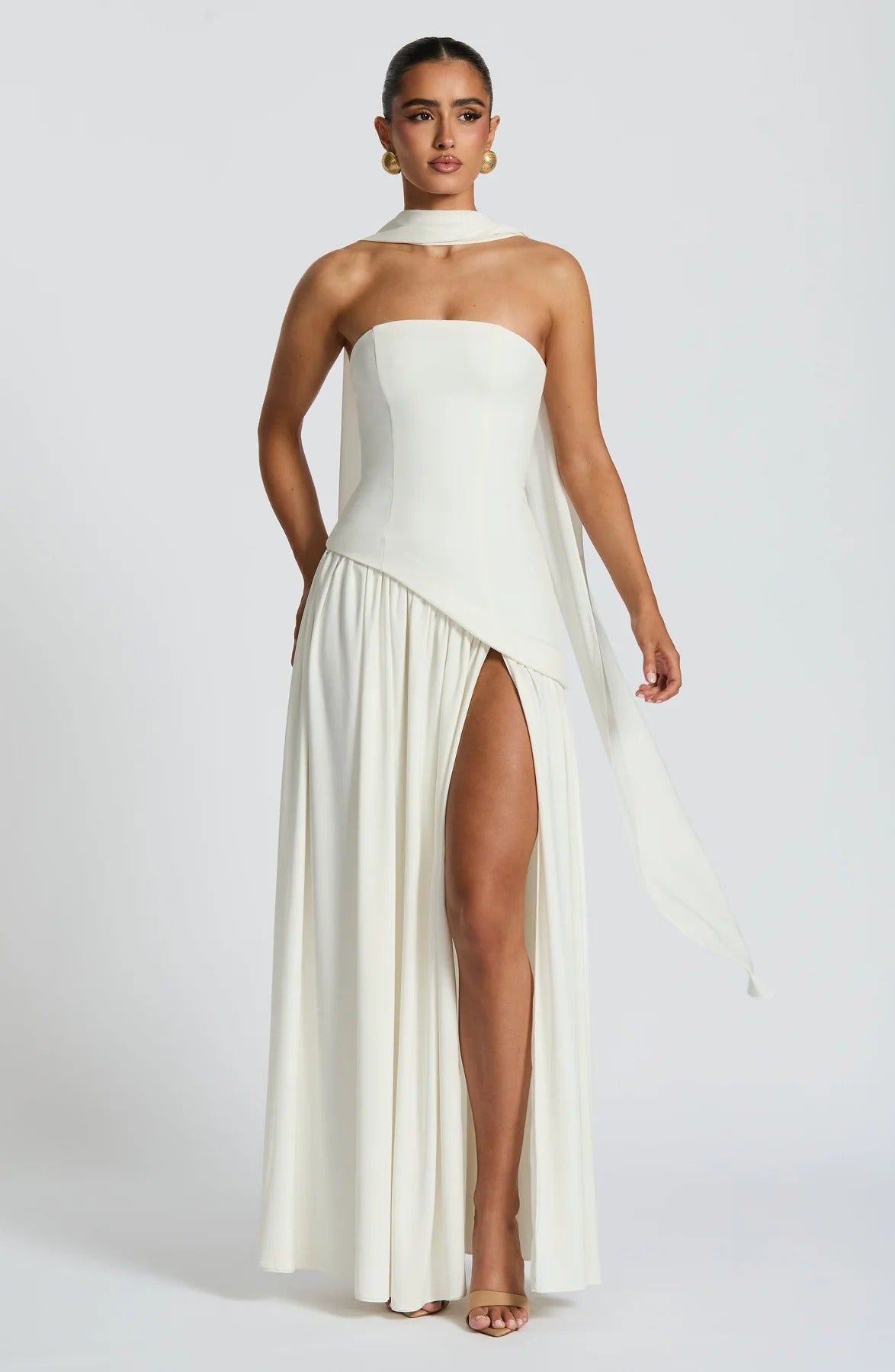 Strapless Asymmetric Drop Waist High Split Maxi Dress with Scarf 85