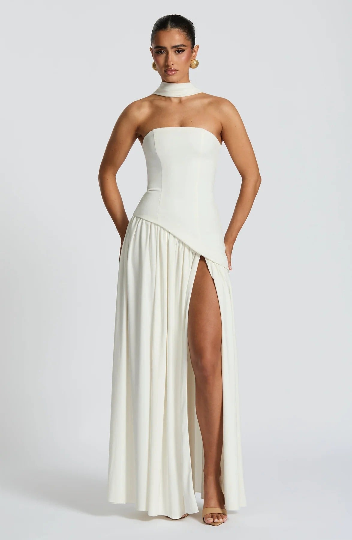 Strapless Asymmetric Drop Waist High Split Maxi Dress with Scarf 88