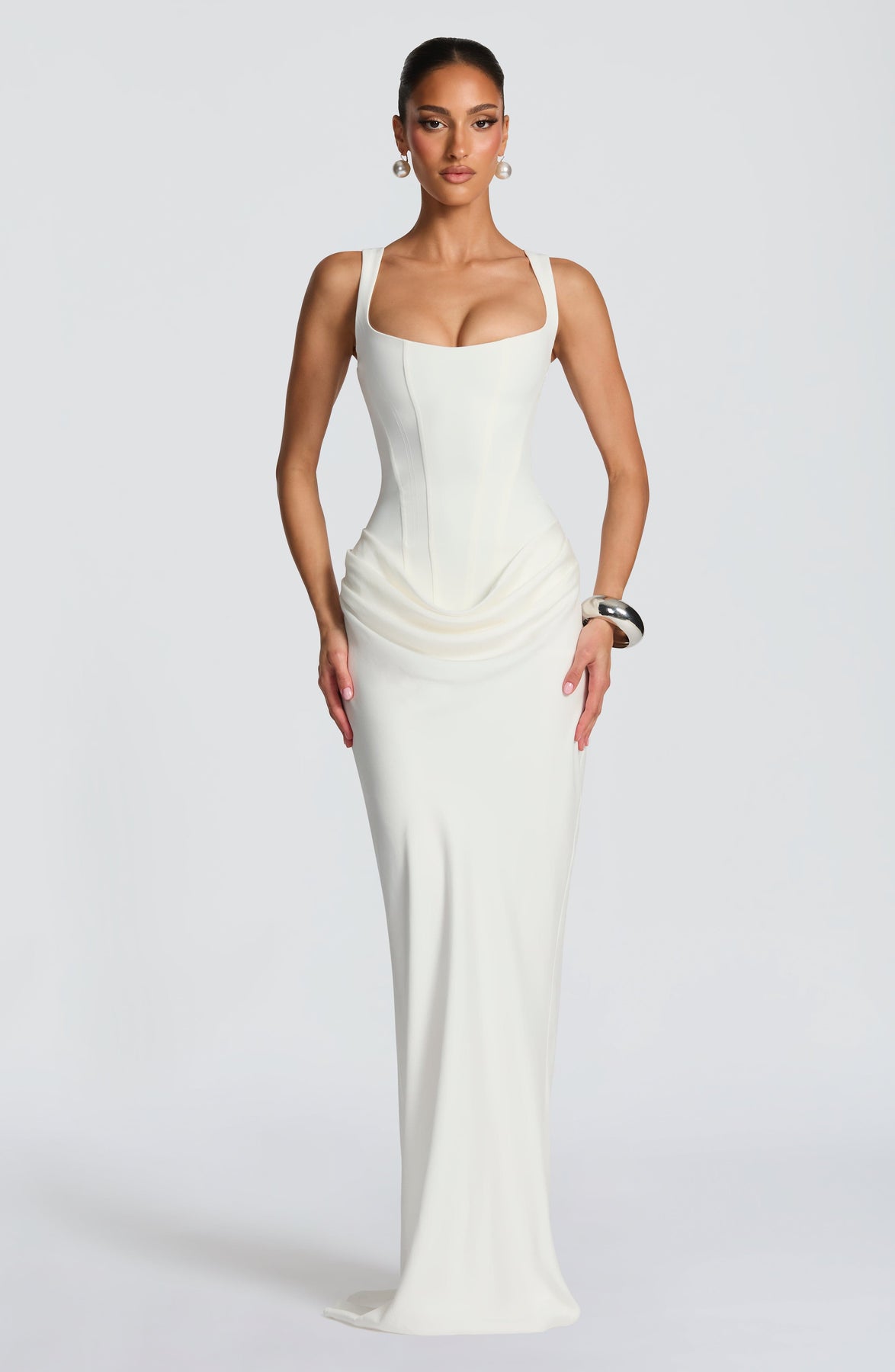 Corset Bodice Square Neck Draped Hip Sleeveless Maxi Dress 17