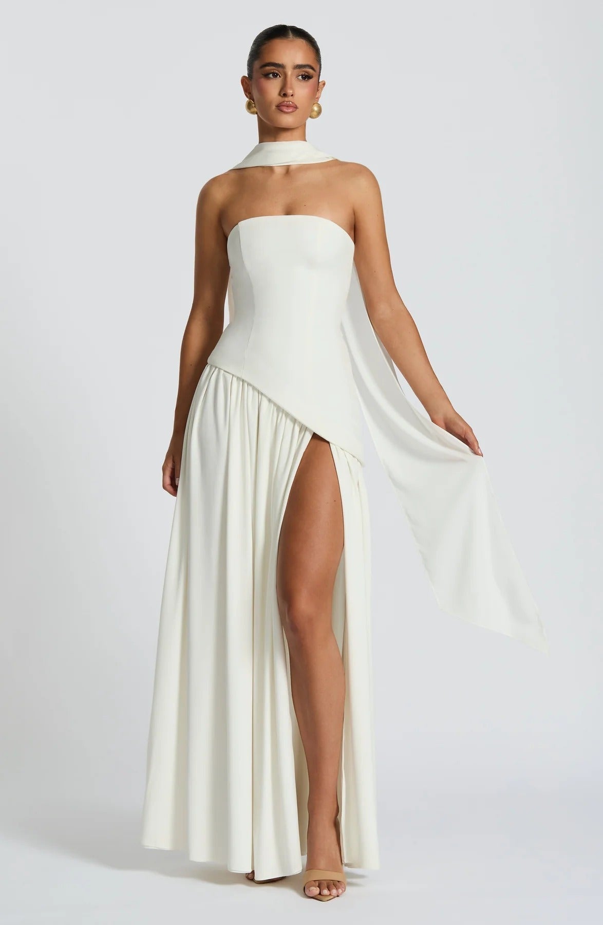 Strapless Asymmetric Drop Waist High Split Maxi Dress with Scarf 86