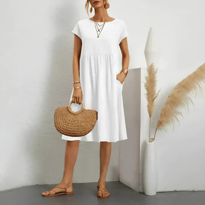 Crew Neck Cap Sleeve Pocket Midi Dress Summer 3