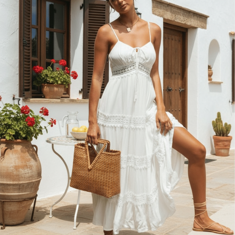 Lace Trim Tiered Spaghetti Strap Midi Dress
