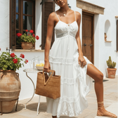 Lace Trim Tiered Spaghetti Strap Midi Dress