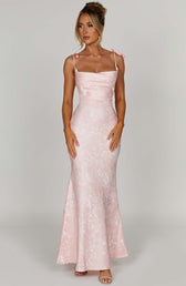 Jacquard Square Neck Tie Strap Mermaid Maxi Dress 11