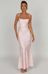 Jacquard Square Neck Tie Strap Mermaid Maxi Dress 9