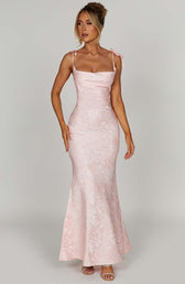 Jacquard Square Neck Tie Strap Mermaid Maxi Dress 6