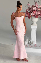 Jacquard Square Neck Tie Strap Mermaid Maxi Dress