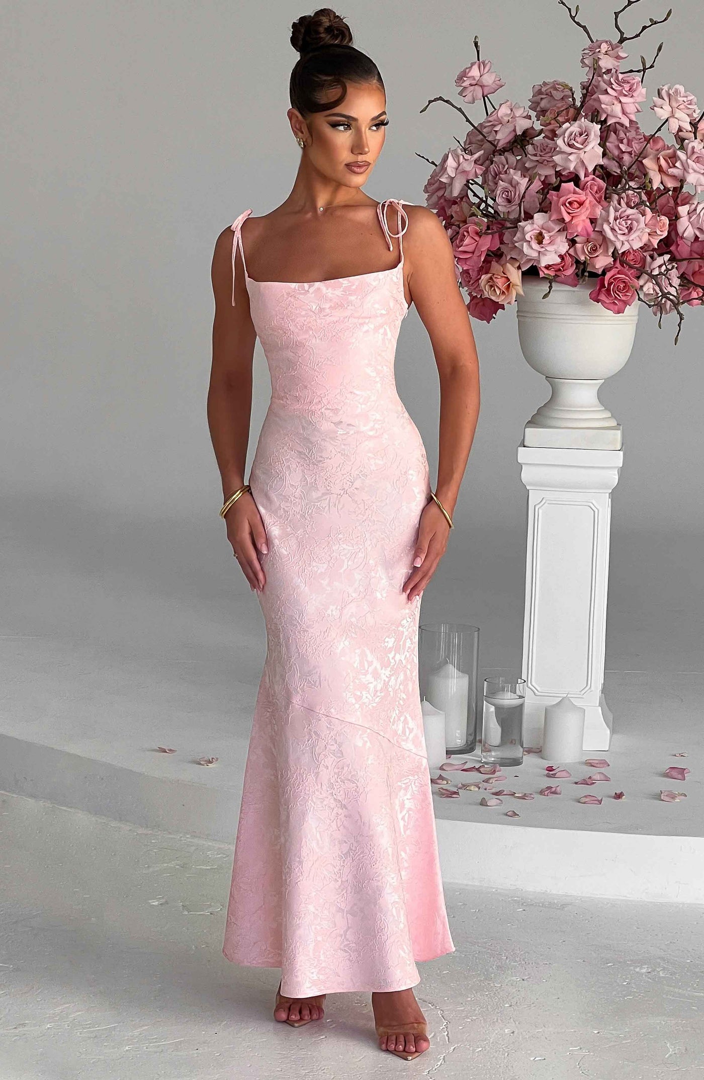 Jacquard Square Neck Tie Strap Mermaid Maxi Dress 5