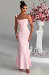 Jacquard Square Neck Tie Strap Mermaid Maxi Dress 5