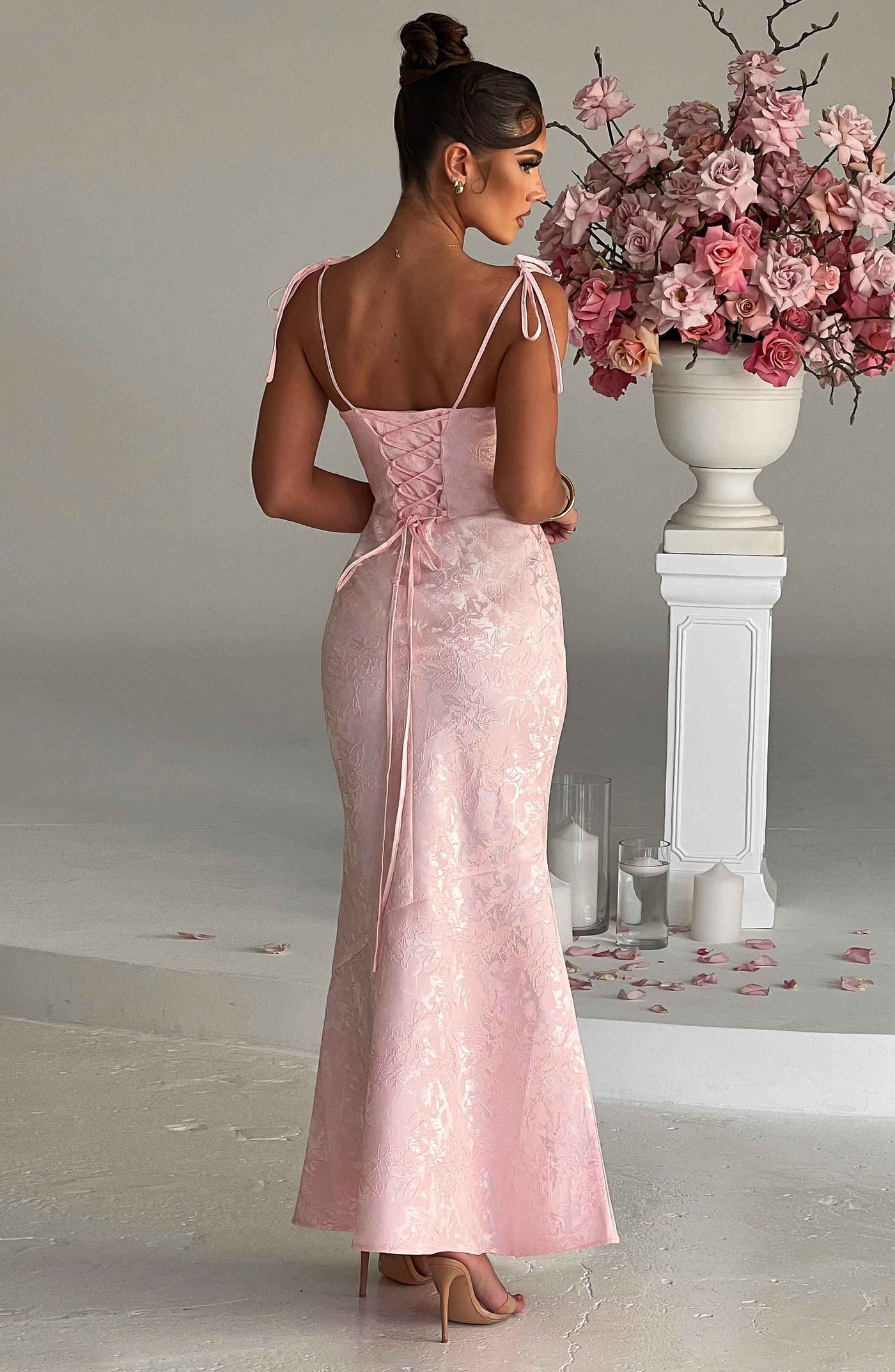 Jacquard Square Neck Tie Strap Mermaid Maxi Dress 3