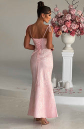 Jacquard Square Neck Tie Strap Mermaid Maxi Dress 3