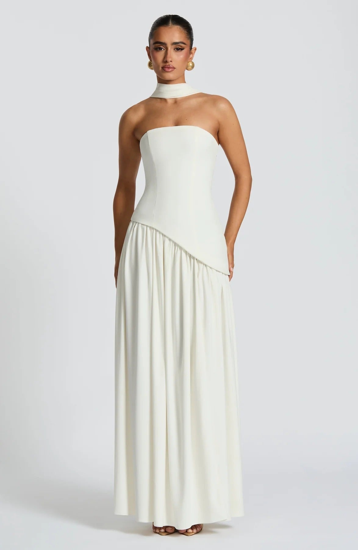 Strapless Asymmetric Drop Waist High Split Maxi Dress with Scarf 87