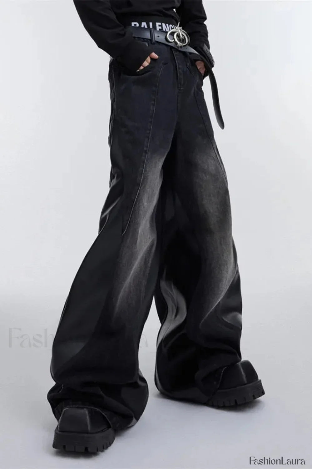 Wide Leg PU Leather Patchwork Jeans