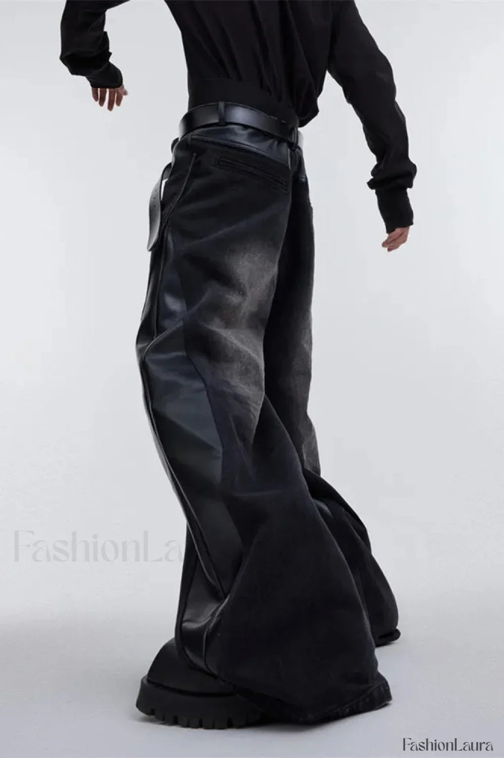 Wide Leg PU Leather Patchwork Jeans
