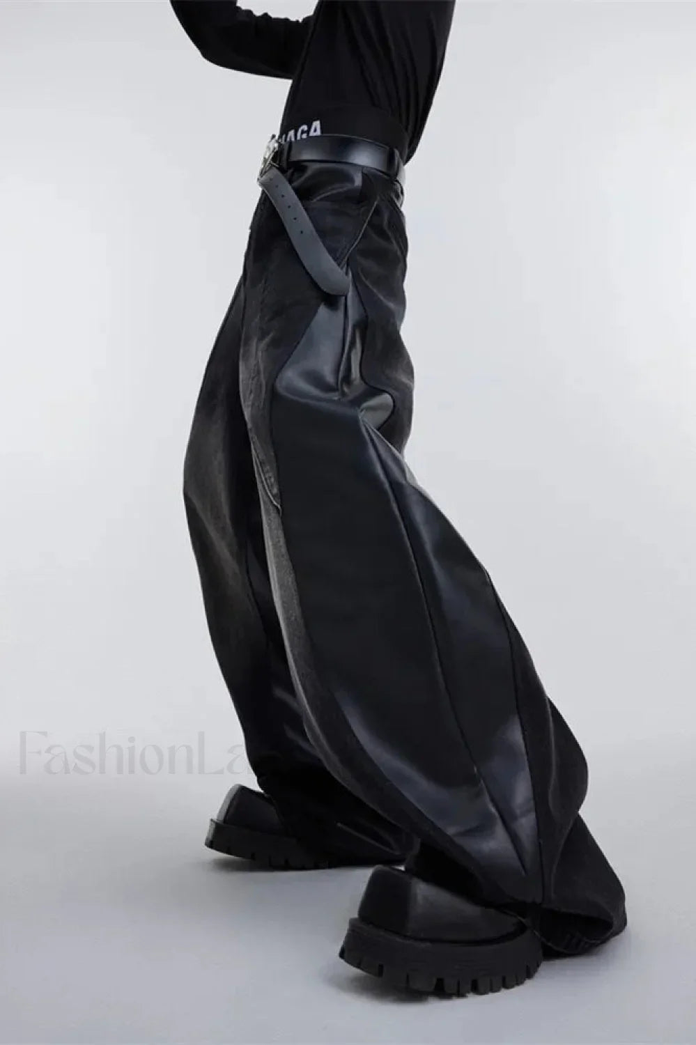 Wide Leg PU Leather Patchwork Jeans