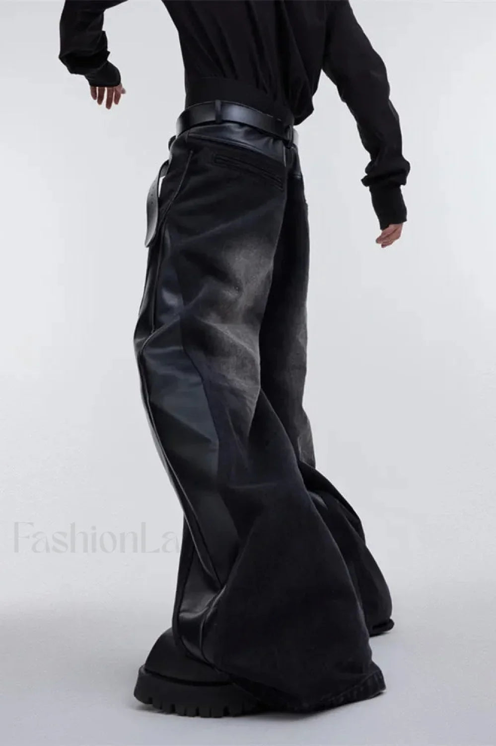 Wide Leg PU Leather Patchwork Jeans