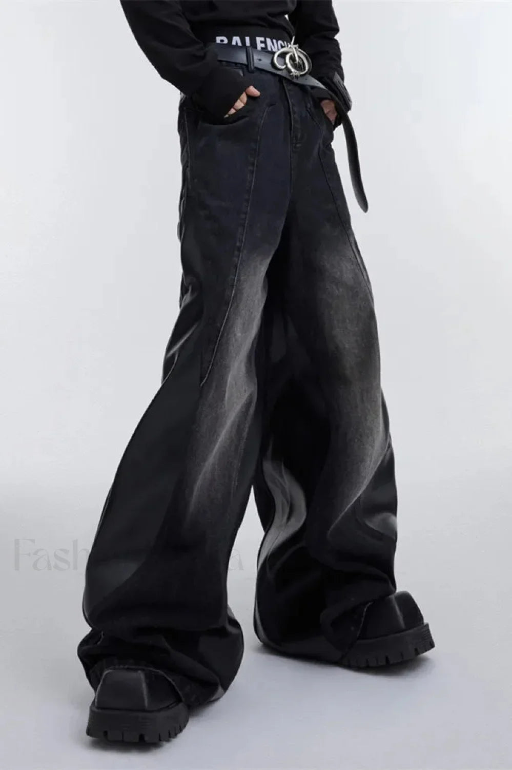 Wide Leg PU Leather Patchwork Jeans