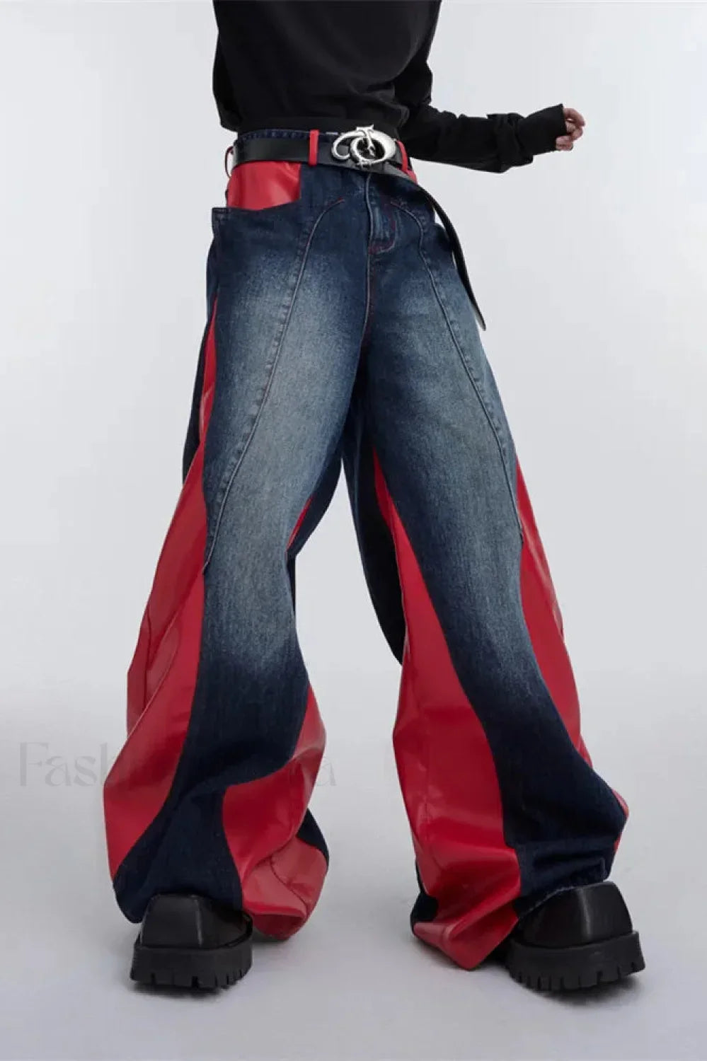 Wide Leg PU Leather Patchwork Jeans