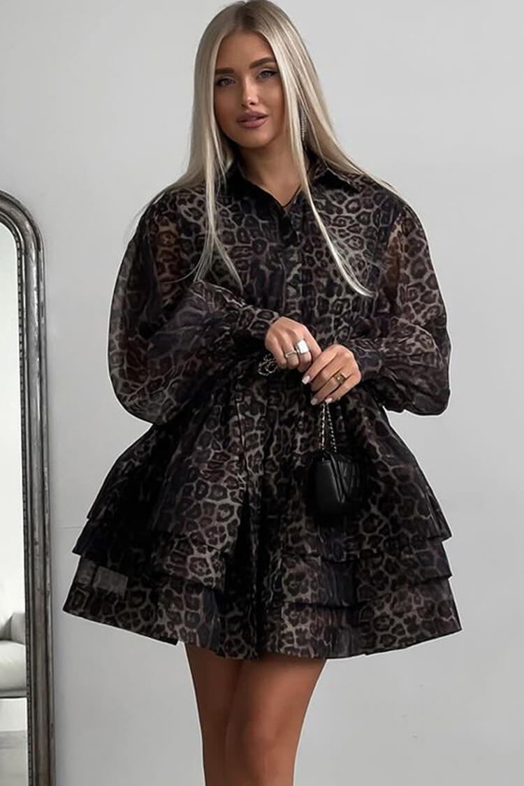 Wild Leopard Collared Long Sleeve Button Up Belted Tiered Chiffon Mini Dress