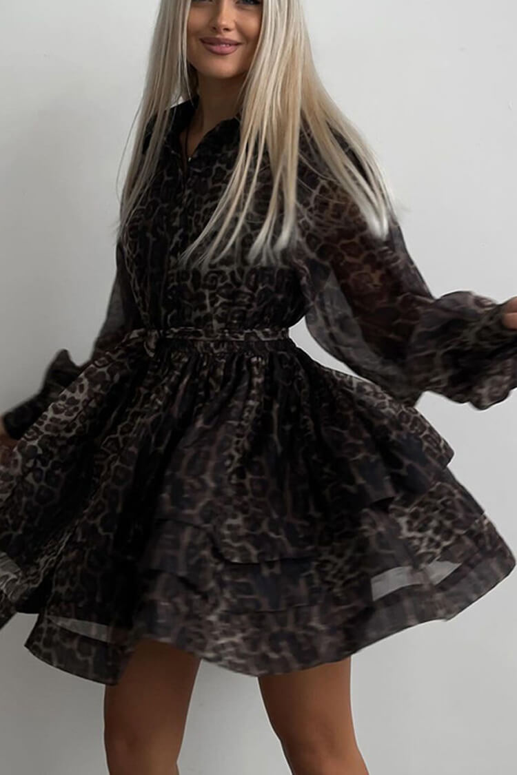 Wild Leopard Collared Long Sleeve Button Up Belted Tiered Chiffon Mini Dress