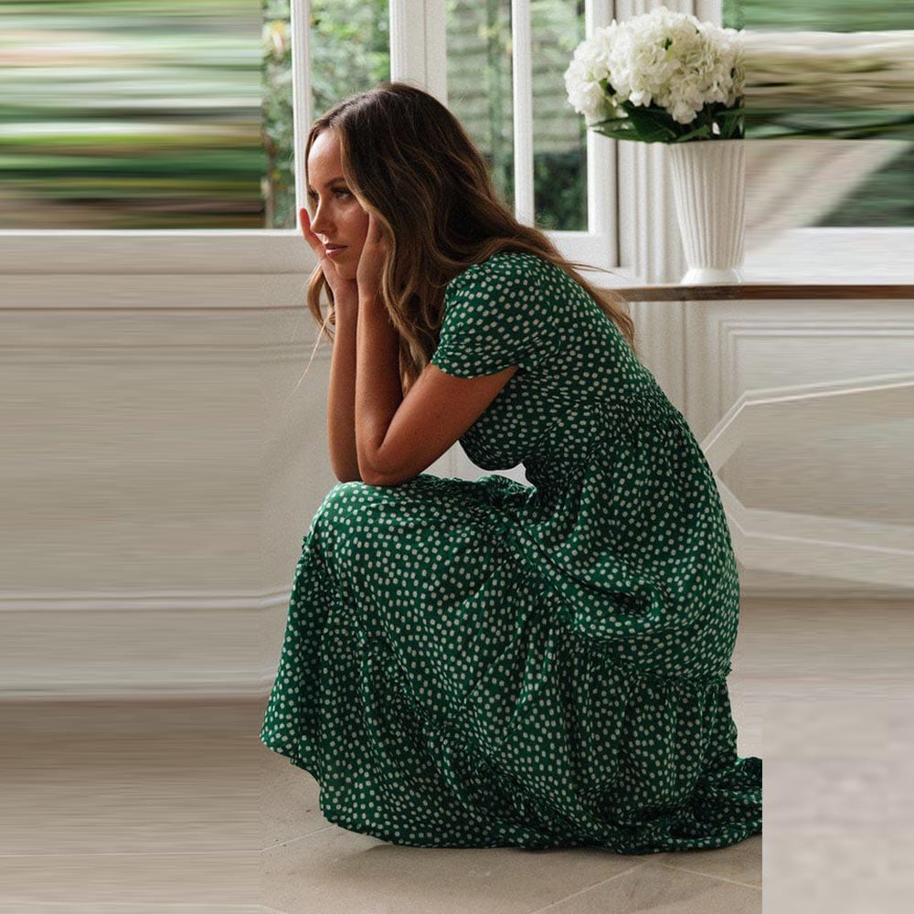 Chic Yasmina Bohemian Green Midi Dress with Puff Sleeves Premium Wardrobe Essential