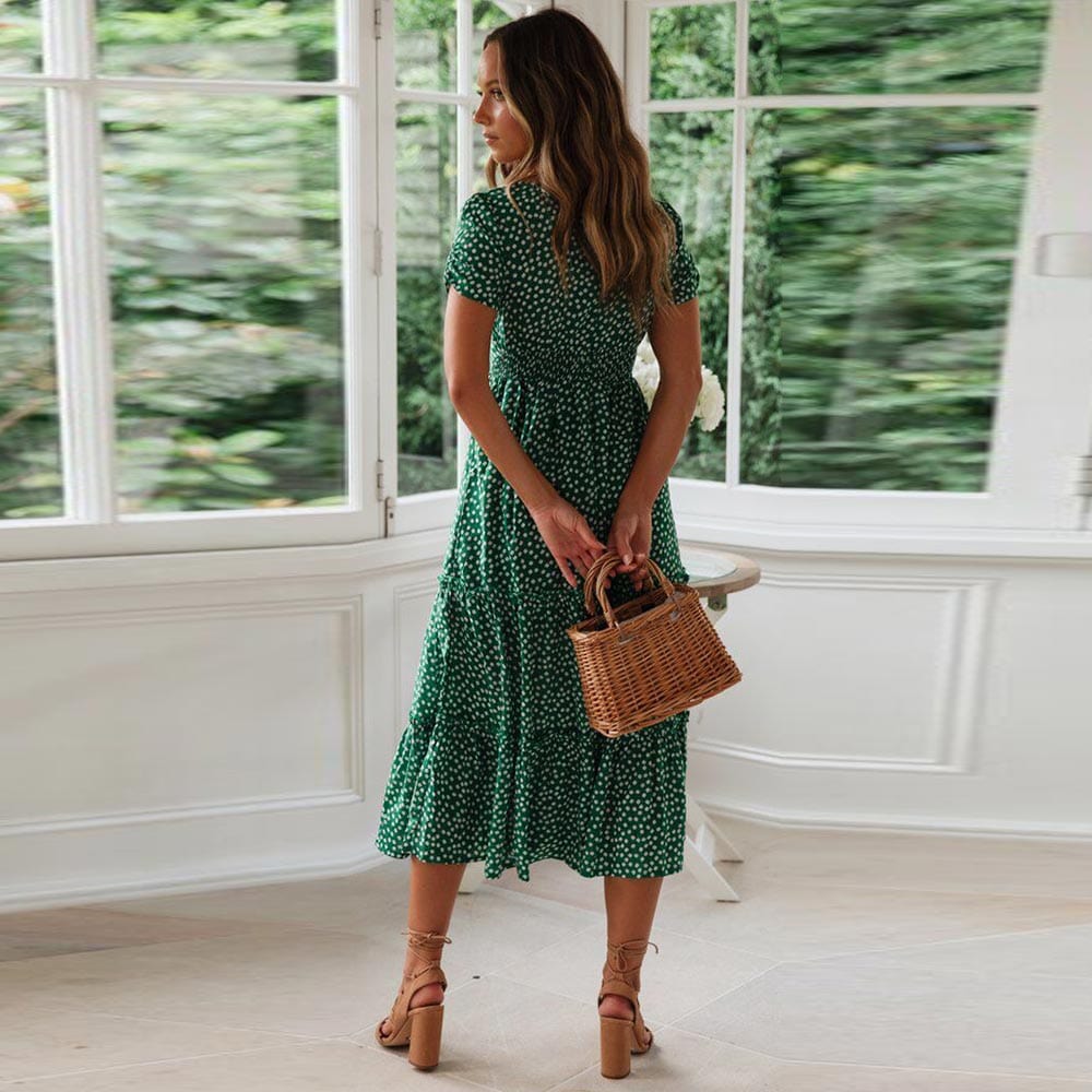 Chic Yasmina Bohemian Green Midi Dress with Puff Sleeves Premium Wardrobe Essential