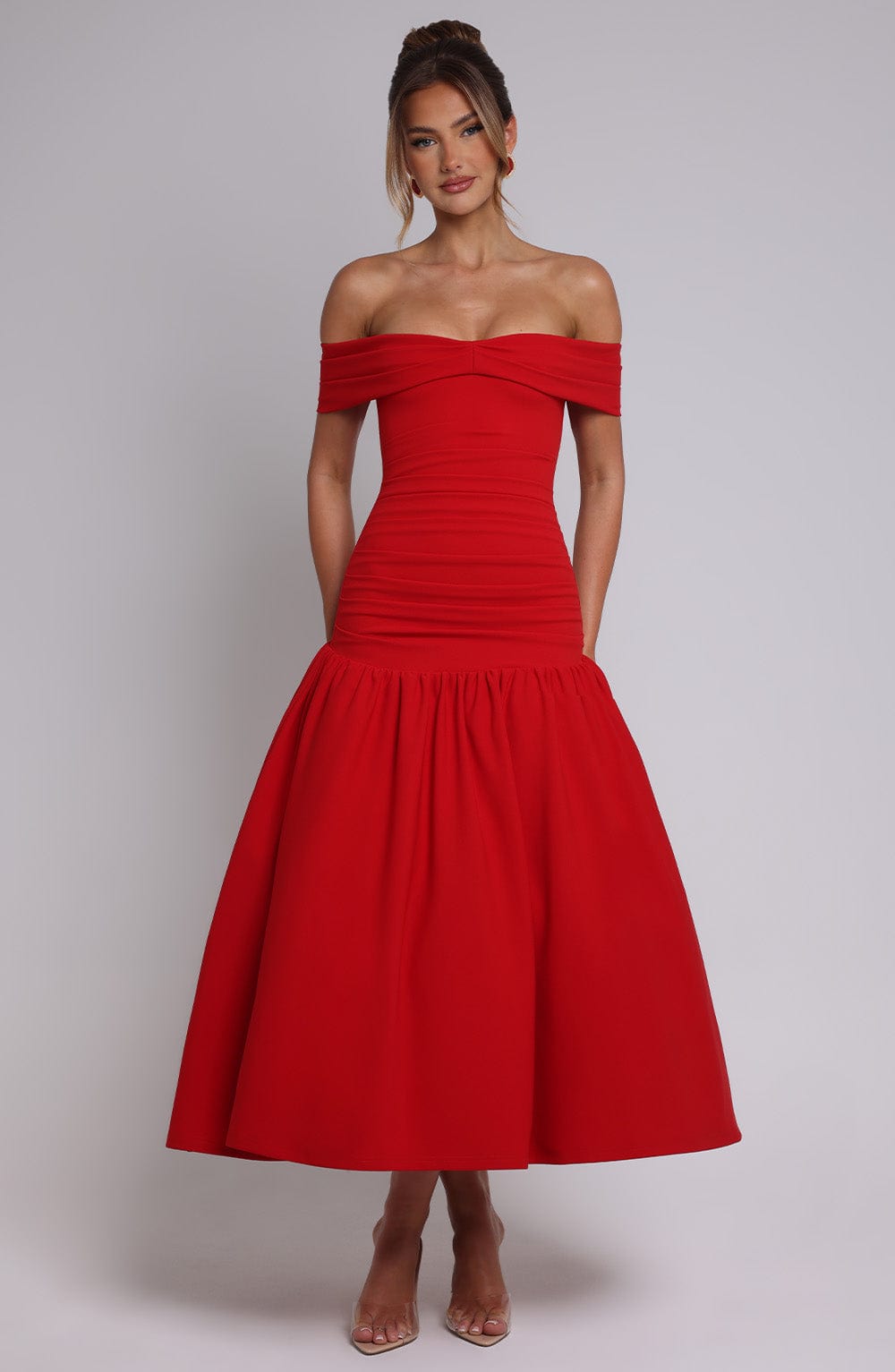 Off Shoulder Ruched Bodice Drop Waist Midi Dress 6