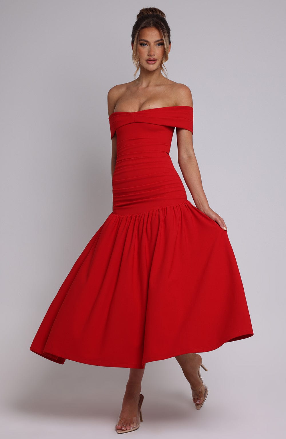 Off Shoulder Ruched Bodice Drop Waist Midi Dress 4