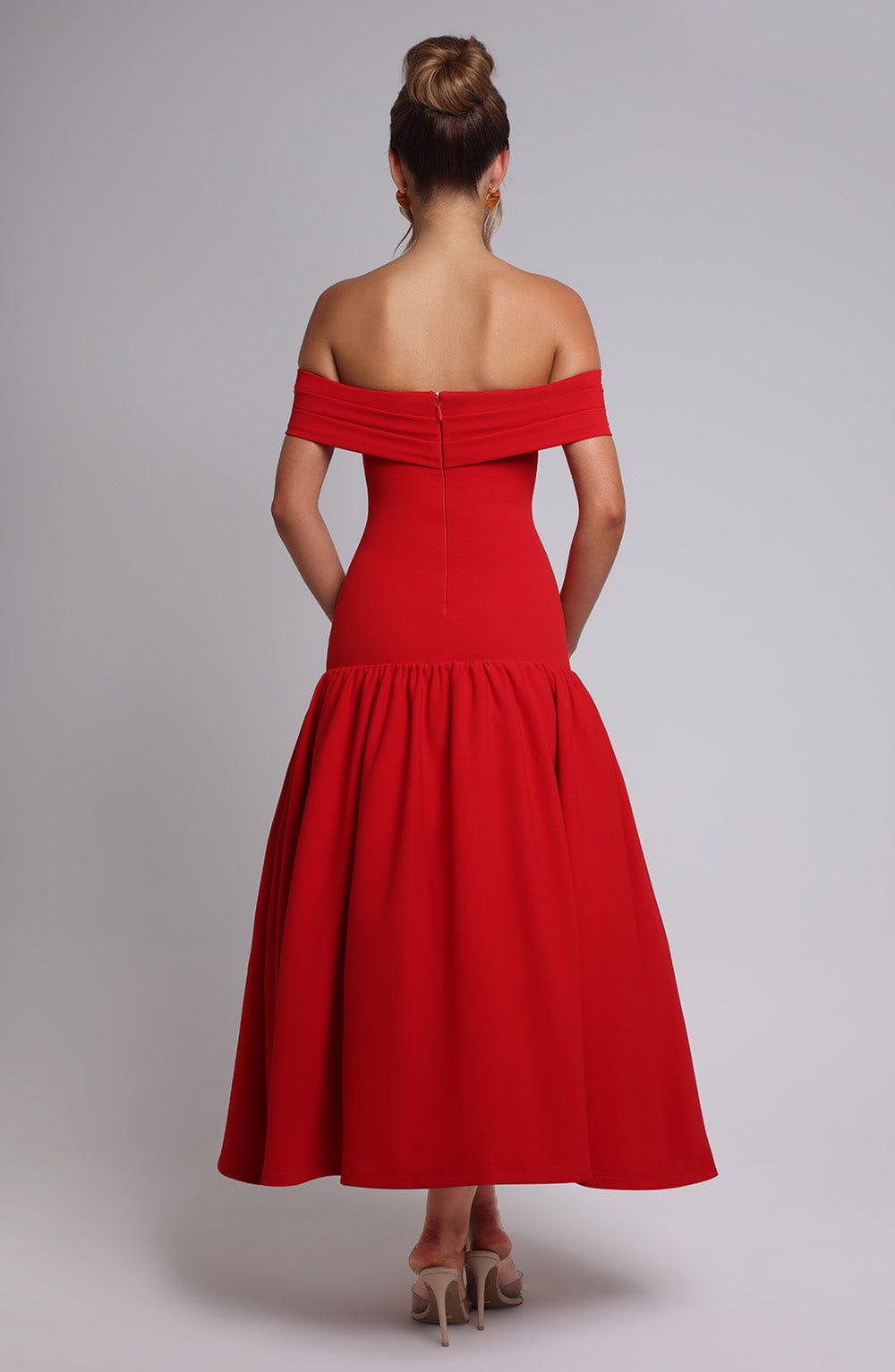Off Shoulder Ruched Bodice Drop Waist Midi Dress 7
