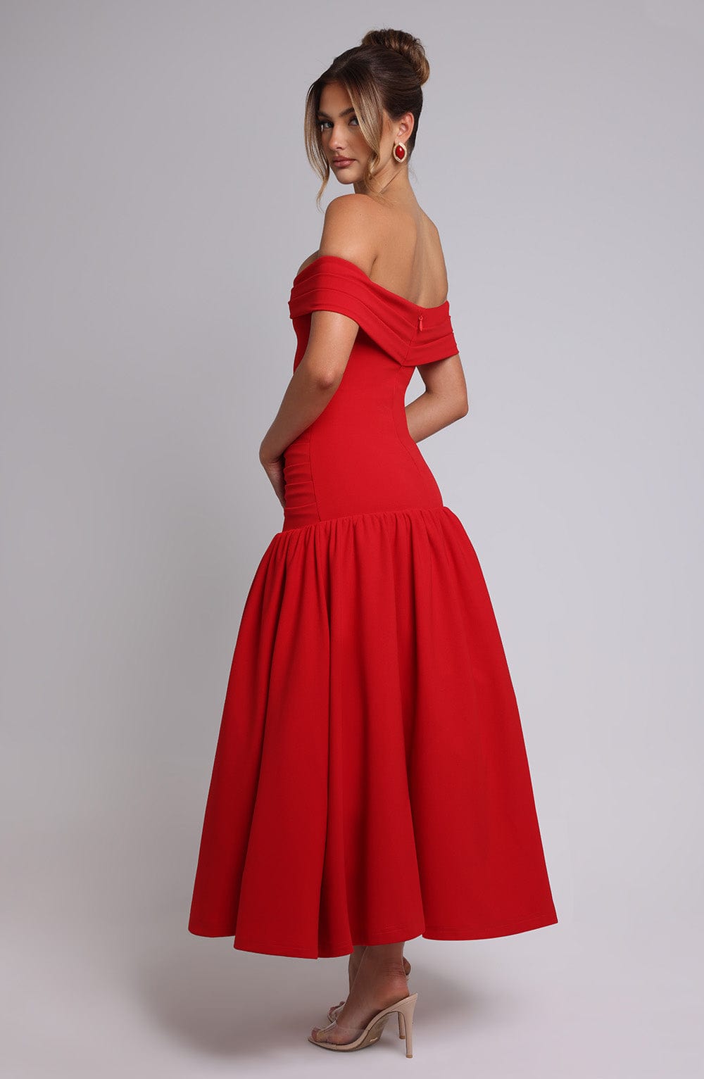 Off Shoulder Ruched Bodice Drop Waist Midi Dress 3