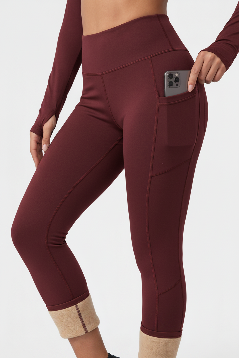 Black Leggings Fleece-Lined High-Waisted With Pockets For Cold Weather Comfort Everyday - Jamota