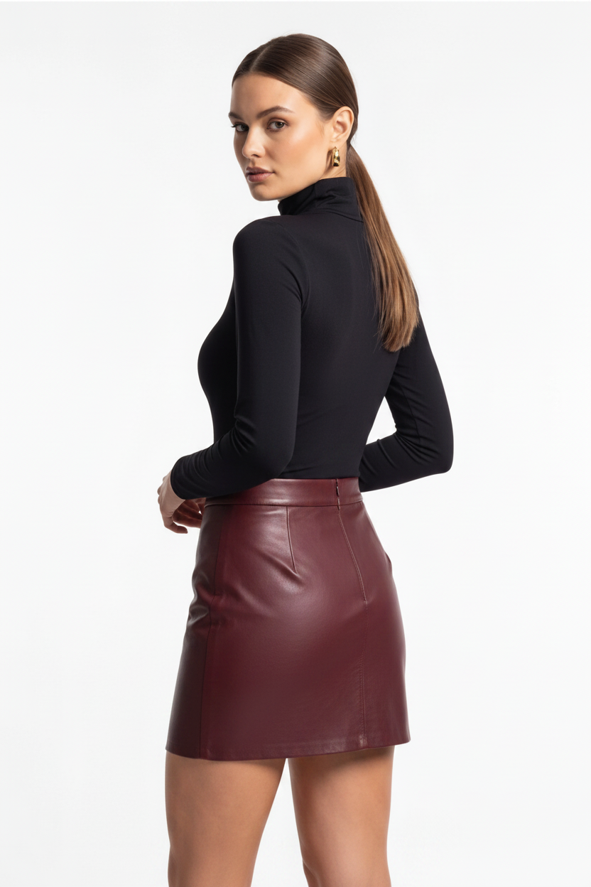 Black Mini Leather Skirt High Waist Sleek Bodycon Silhouette Textured Luxe PU Leather - Jamota