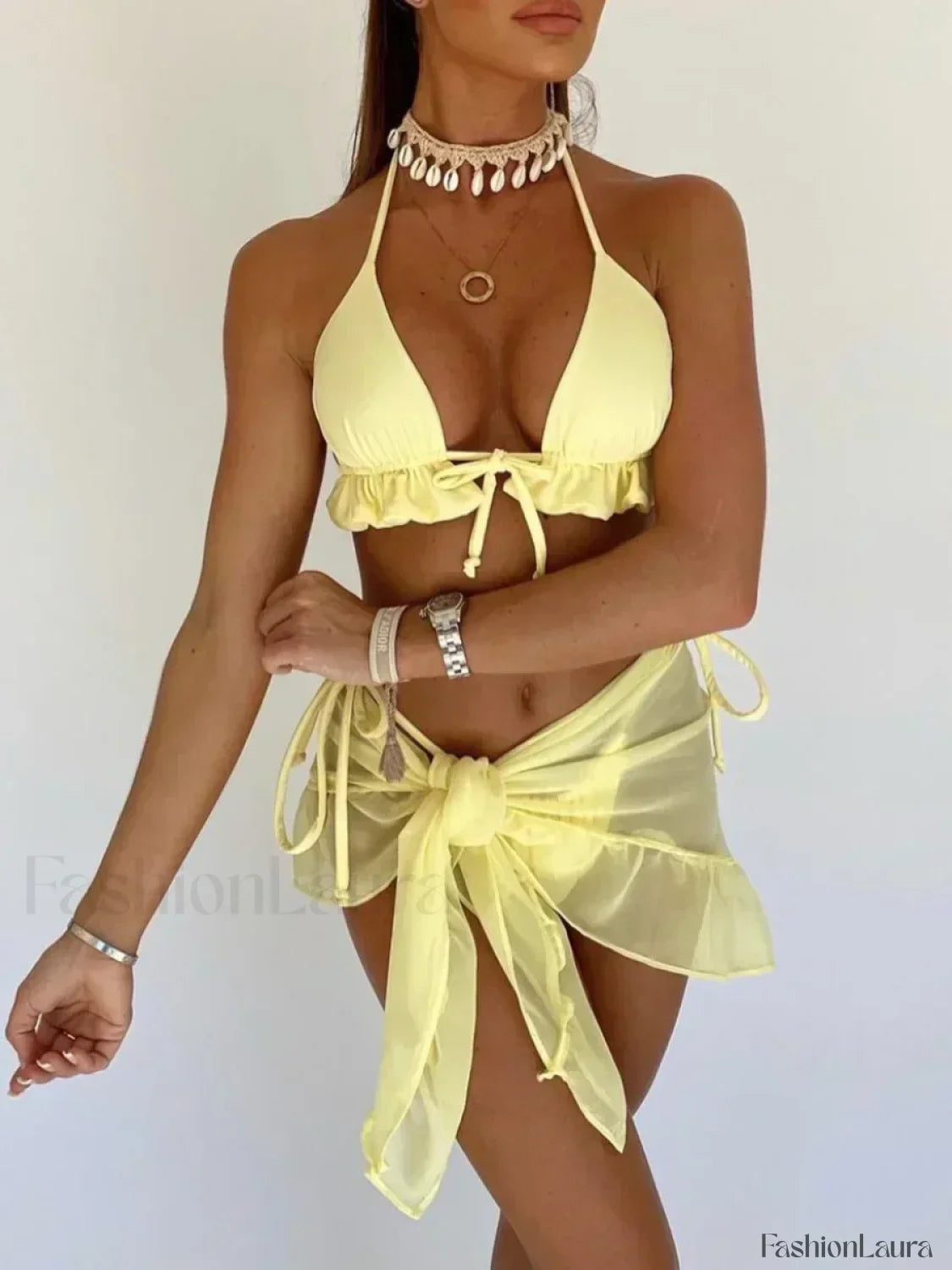 With Mesh Sarong Halter Ruffled Bikini Set