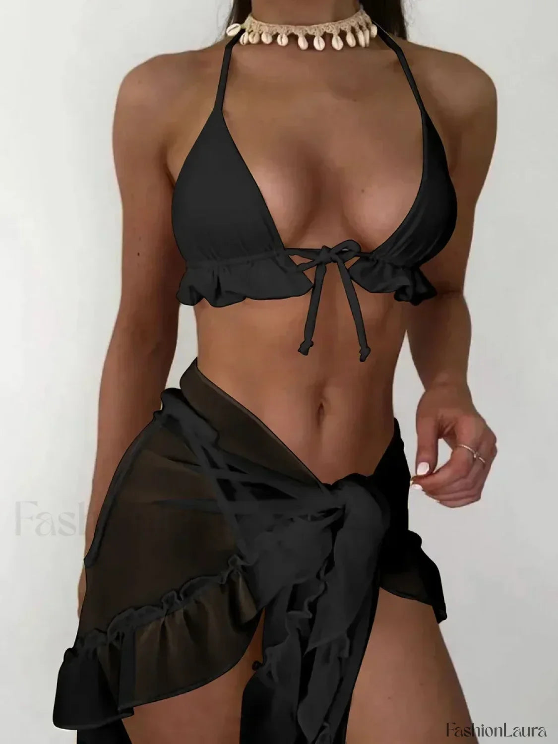 With Mesh Sarong Halter Ruffled Bikini Set