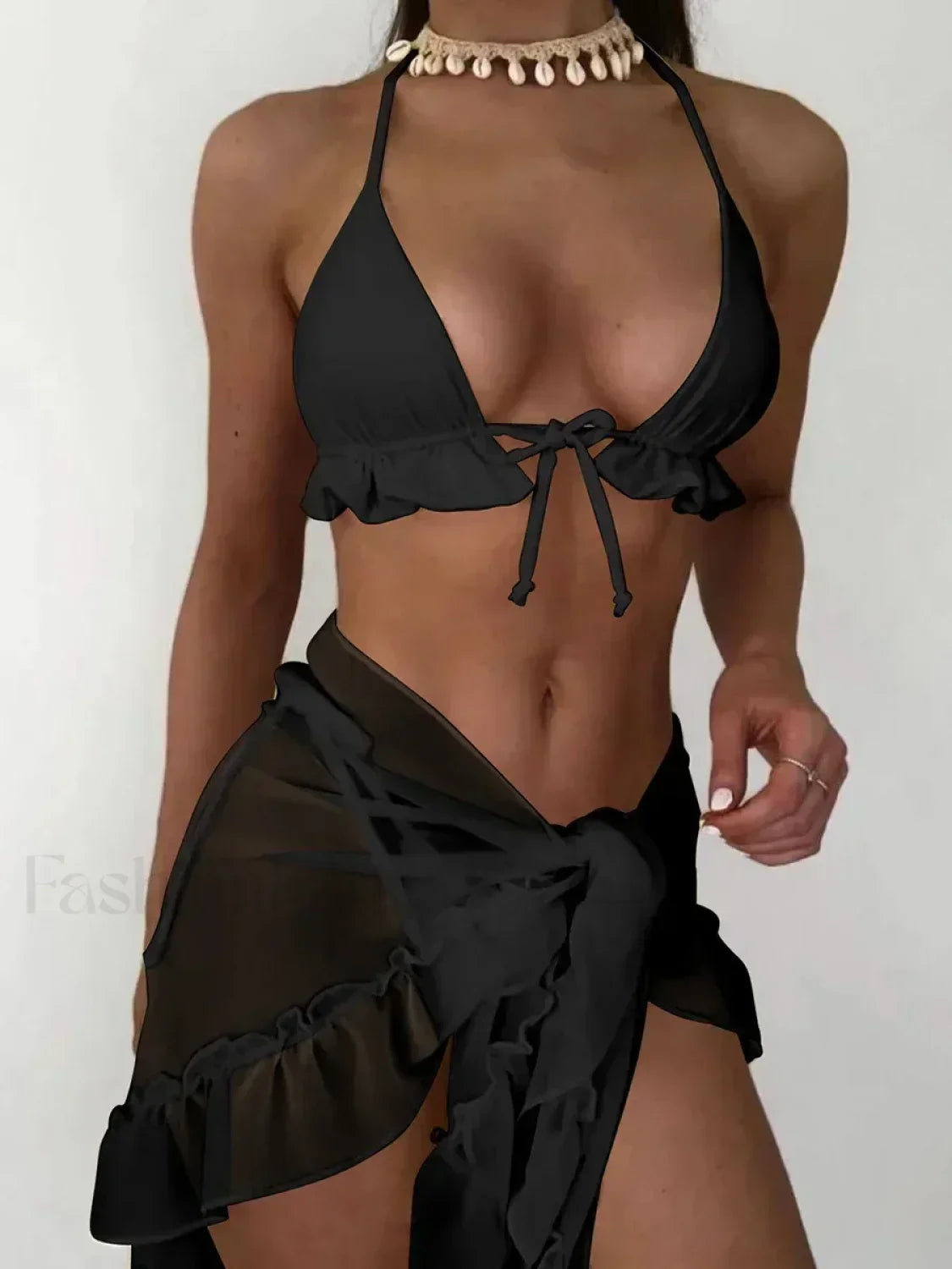 With Mesh Sarong Halter Ruffled Bikini Set