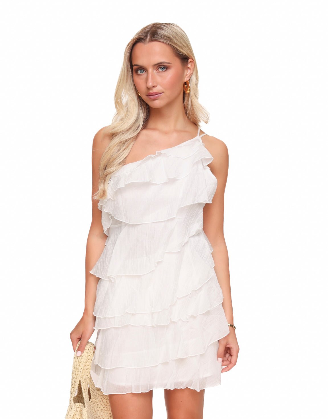 Tiered Ruffle Asymmetric Neck Spaghetti Strap Mini Dress