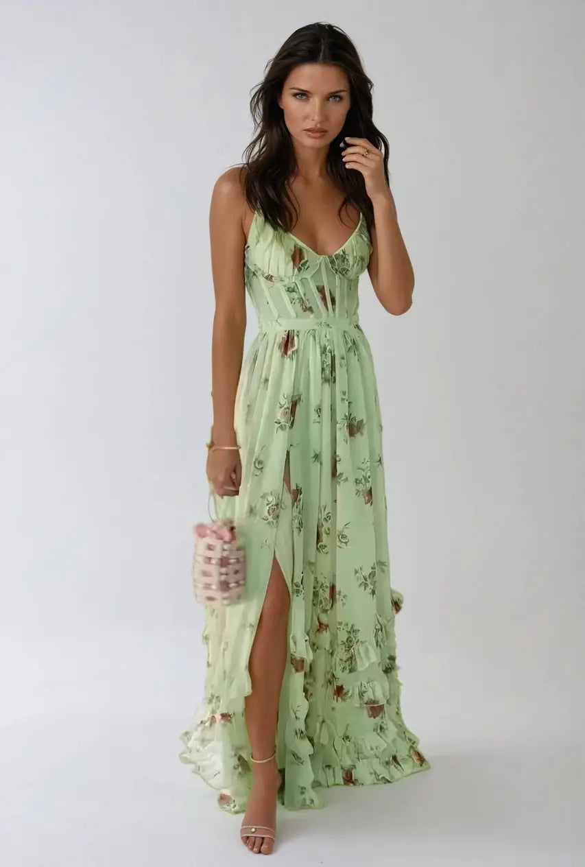 Floral Print Corset Bodice High Split Ruffle Hem Maxi Dress