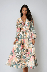 Floral Deep V-Neck Long Sleeve Fit and Flare Midi Dress