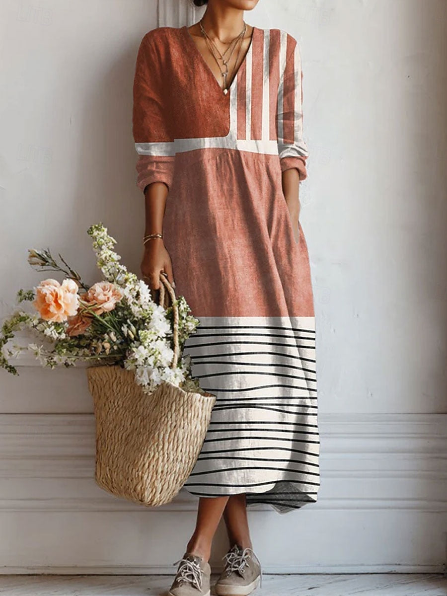 Striped V-Neck Long Sleeve Pocket Maxi Dress