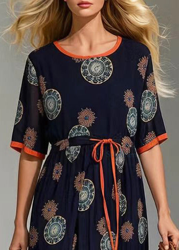 Round Neck Short Sleeve Tie Waist Mandala Print Chiffon Midi Dress
