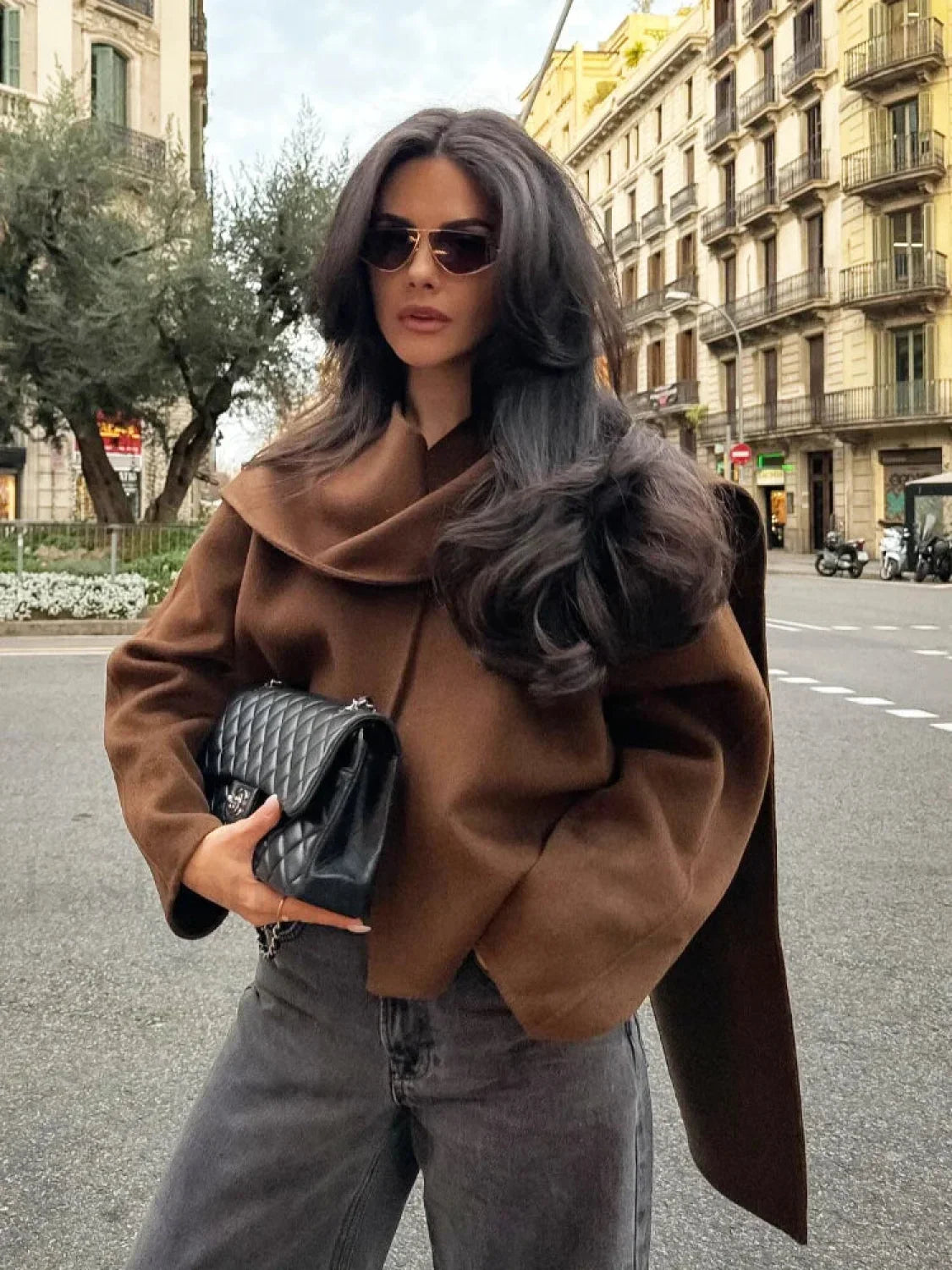 Women Brown Scarf Shawl Collar Short Wool Blends Coat Elegant Fashion Overcoats