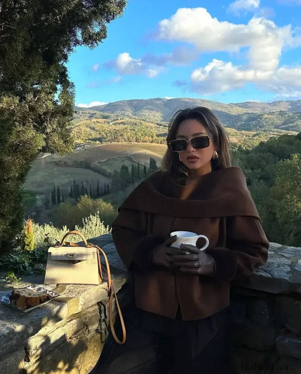 Women Brown Scarf Shawl Collar Short Wool Blends Coat Elegant Fashion Overcoats