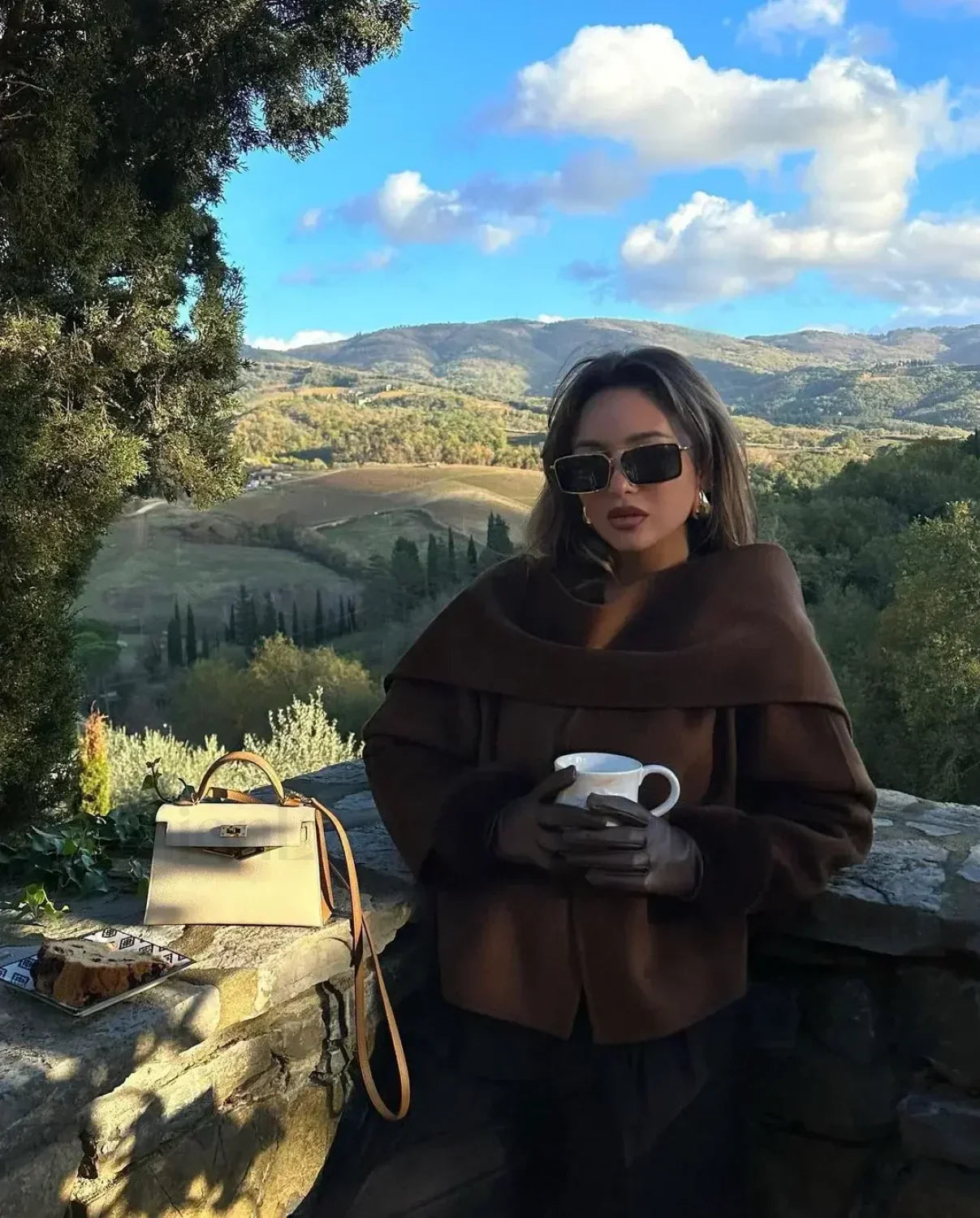 Women Brown Scarf Shawl Collar Short Wool Blends Coat Elegant Fashion Overcoats