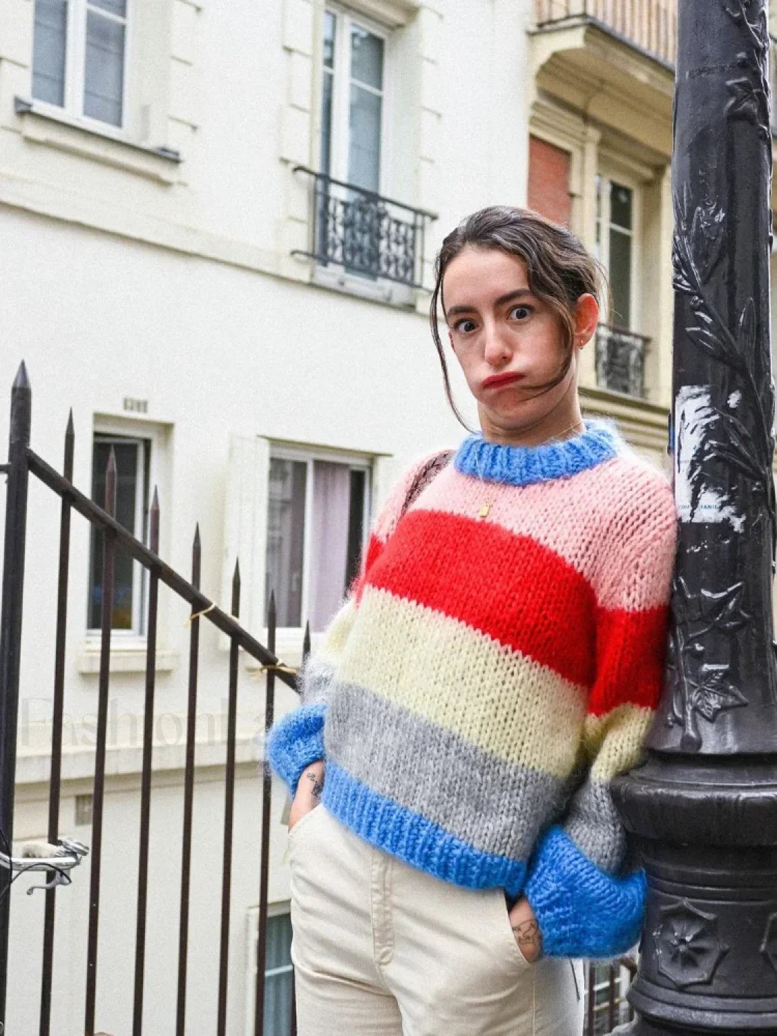 Women Elegant Colorful Striped Knitted Pullover Casual Long Sleeve Loose Sweater