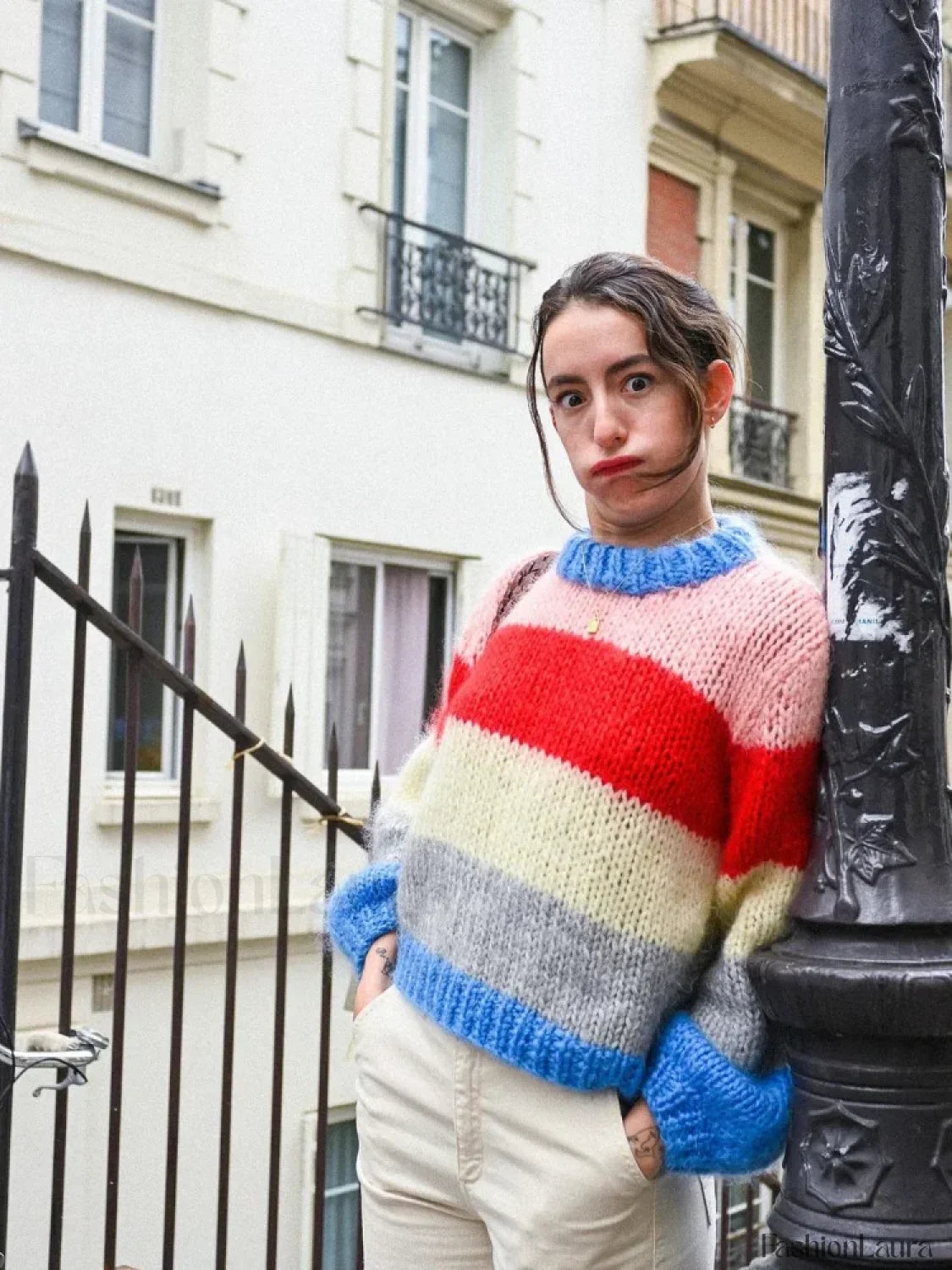 Women Elegant Colorful Striped Knitted Pullover Casual Long Sleeve Loose Sweater