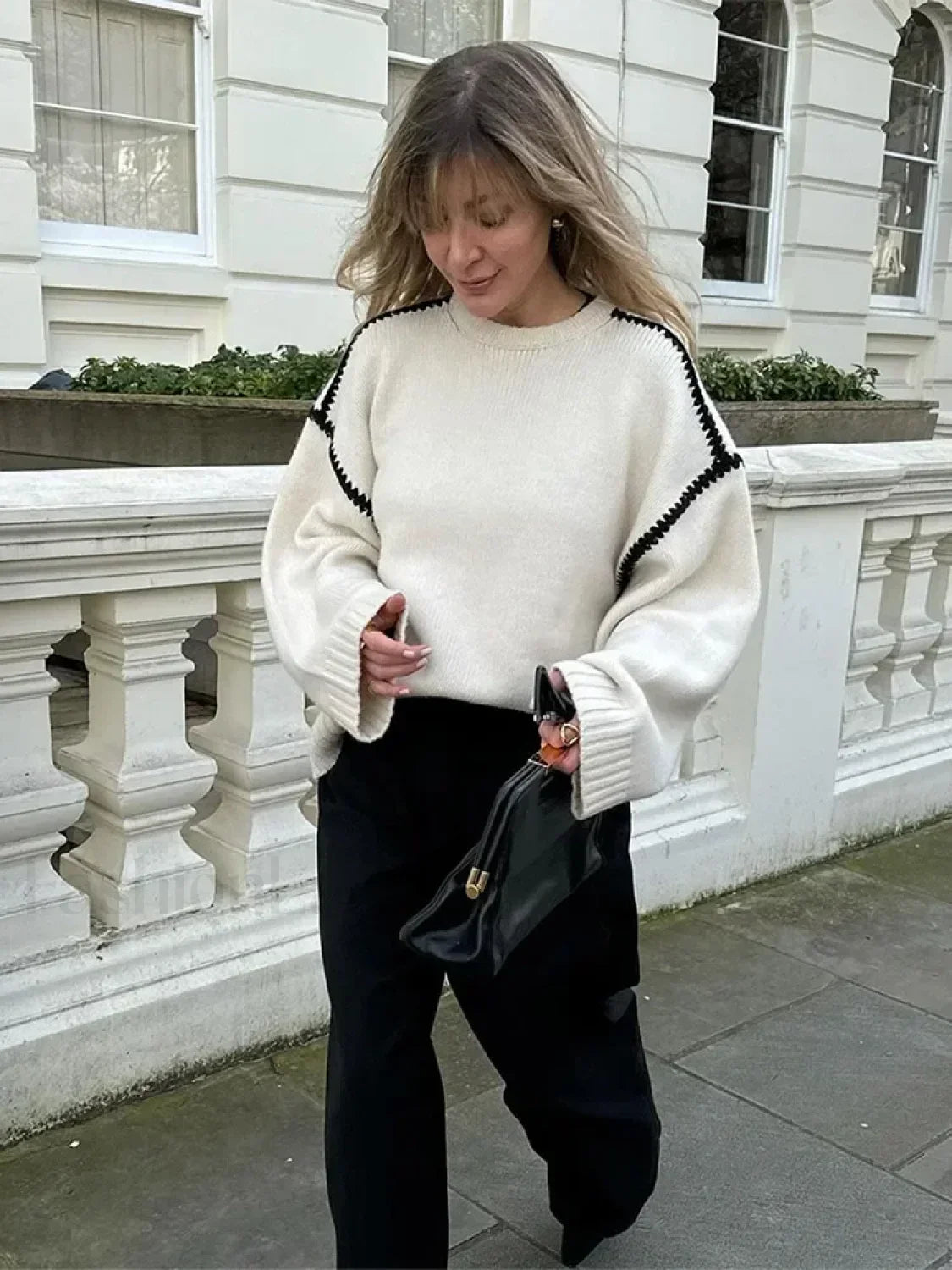 Women Elegant Contrast O Neck Knitted Casual Long Sleeve Loose Sweater