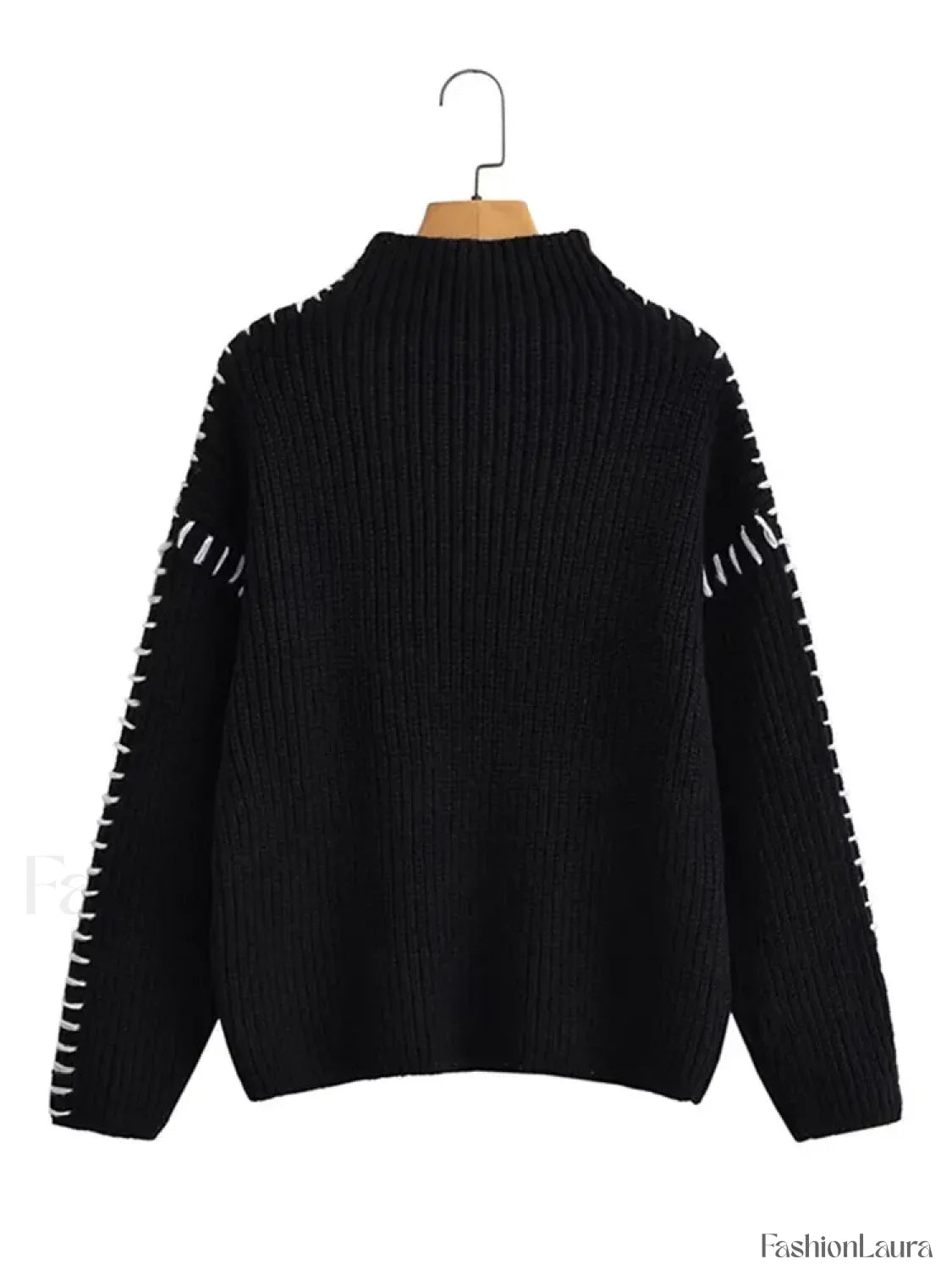 Women Elegant Contrast Stitching Knitted Pullover Casual Loose Turtleneck Long Sleeves Sweater
