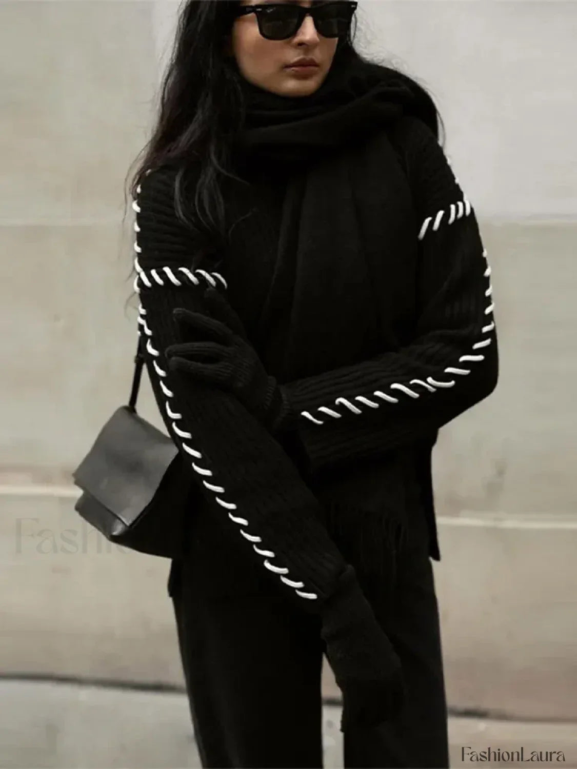 Women Elegant Contrast Stitching Knitted Pullover Casual Loose Turtleneck Long Sleeves Sweater